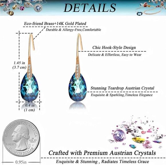 14K Yellow Gold with Bermuda Blue Austrian Crystal Teardrop Drop Hook Earrings - Picture 6 of 6